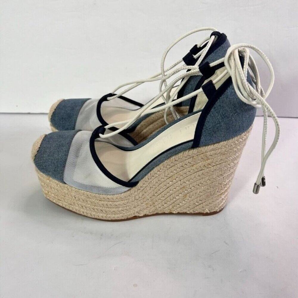 Gianni Bini Sandals Platform Wedges Women 7 Blue Denim Mesh Espadrille Gladiator - Picture 4 of 13